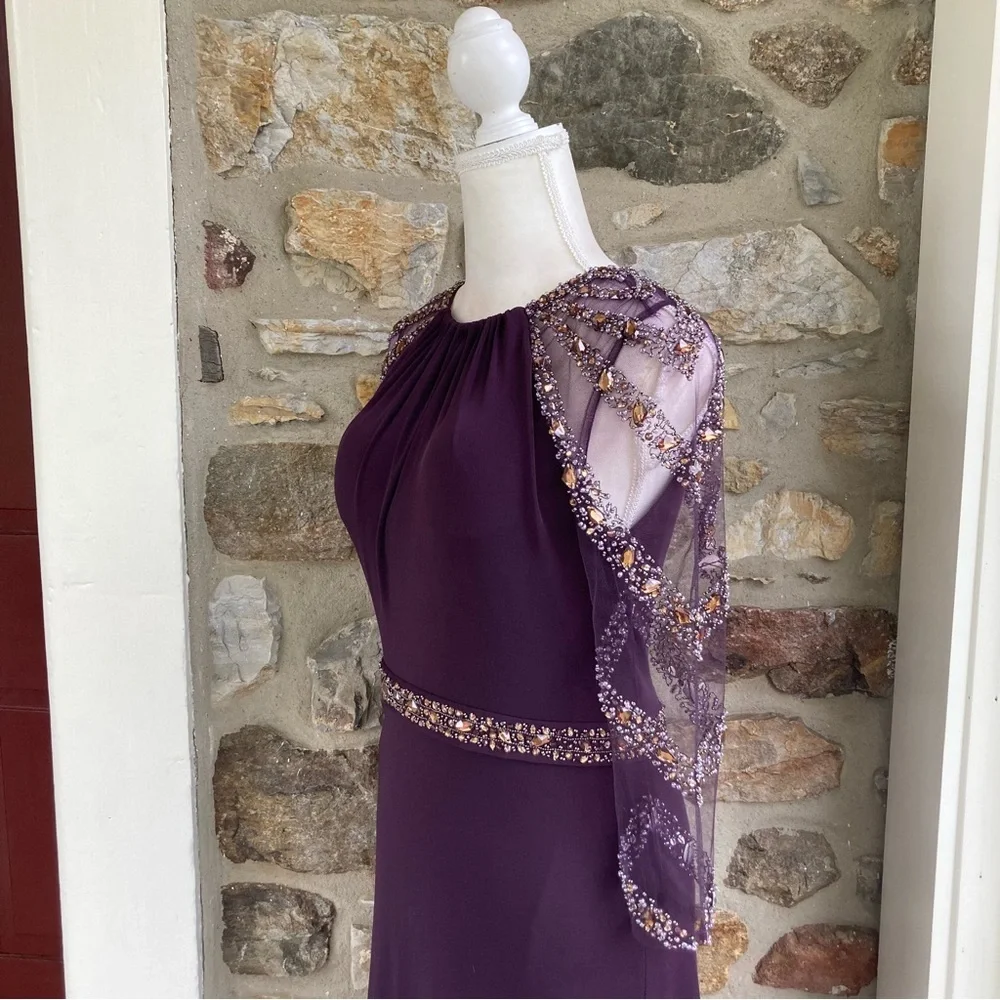 TERANI EVENING M1447 Embellished Beaded Jersey Sheer Sleeve Gown Womens 8 - Picture 8 of 16